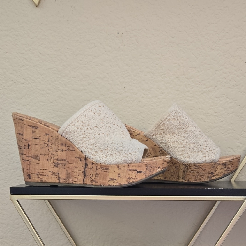 Cream and Brown Wedge Sandals with Cork Platform